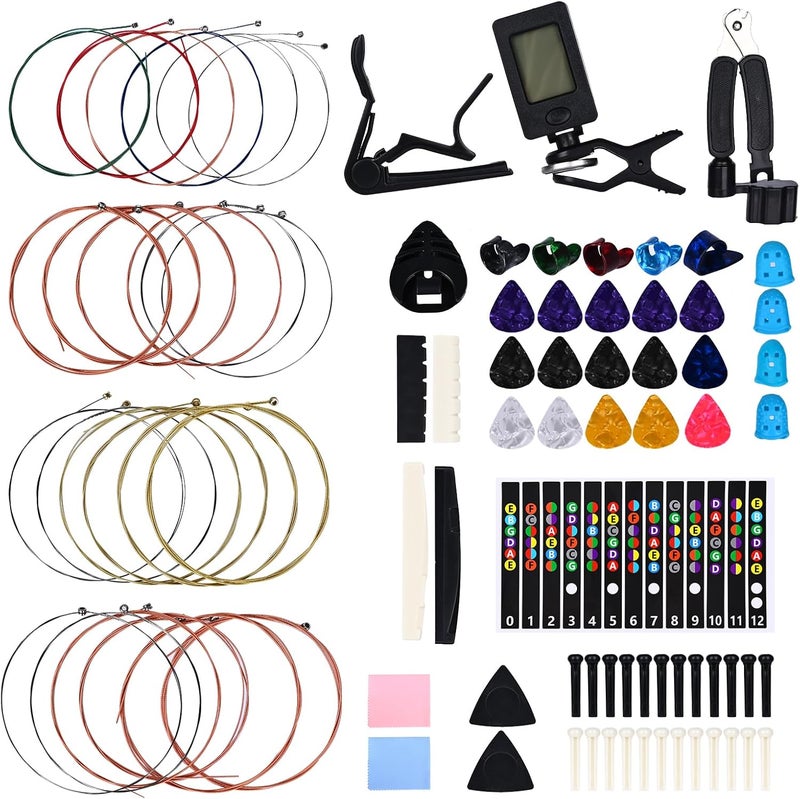 Moomuto 85PCS Guitar Accessories Kit, Include Acoustic Strings,Tuner,Capo,String Winder&Cutter,Picks,Bridge Pins,Nuts & Saddles,Finger Protector,Finger Picks,Fretboard Stickers for Guitar Players - Image 1